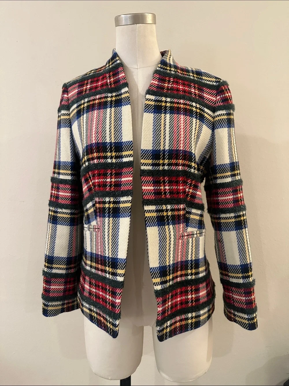 J. Crew Cream Plaid Open-Front Blazer with Red & Blue Accents